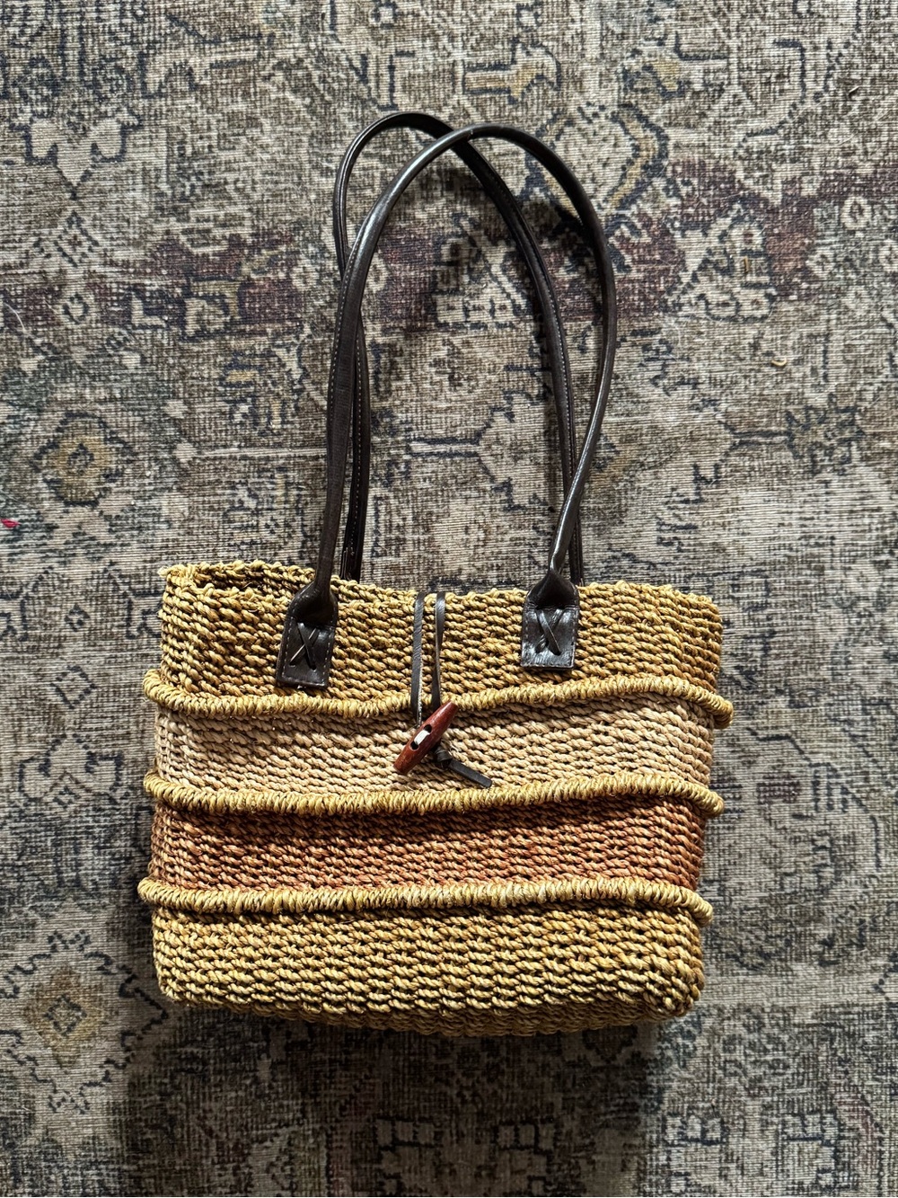 Vtg Handwoven Natural Woven Straw Seagrass Sisal Shoulder Bag Leather Straps
